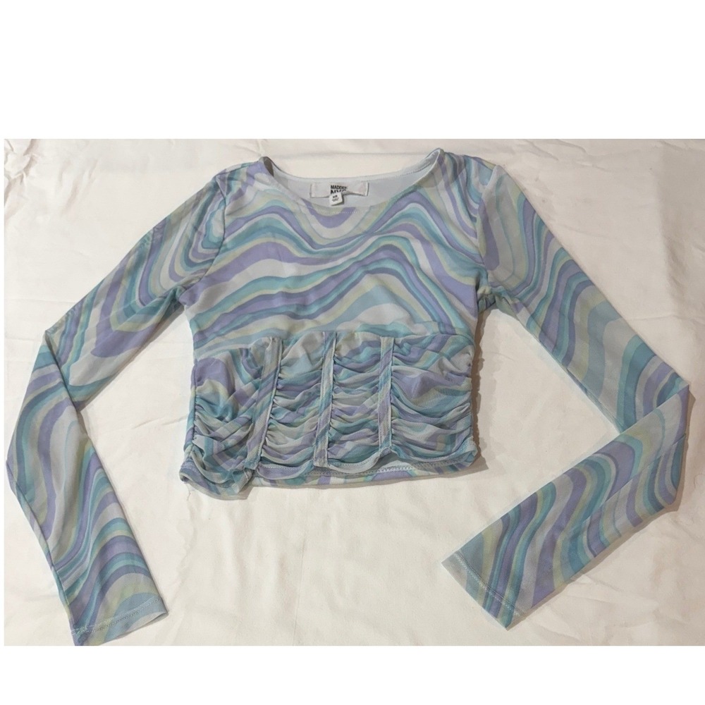 Madden NYC Womens XS Mesh Ruched Crop Top Blue Purple Swirl Long Sleeve P204243